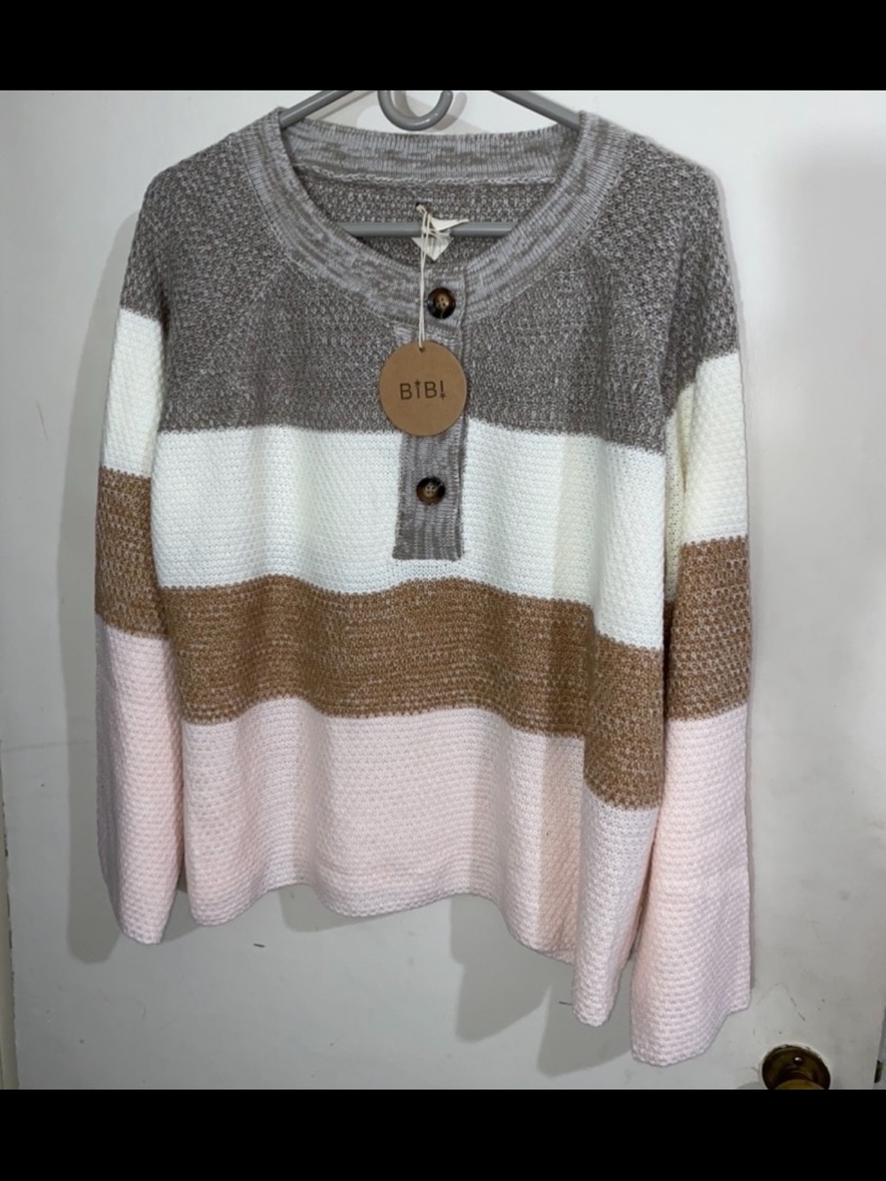 BiBi Striped Button-Henley Pullover in Gray, White, Tan, Pink